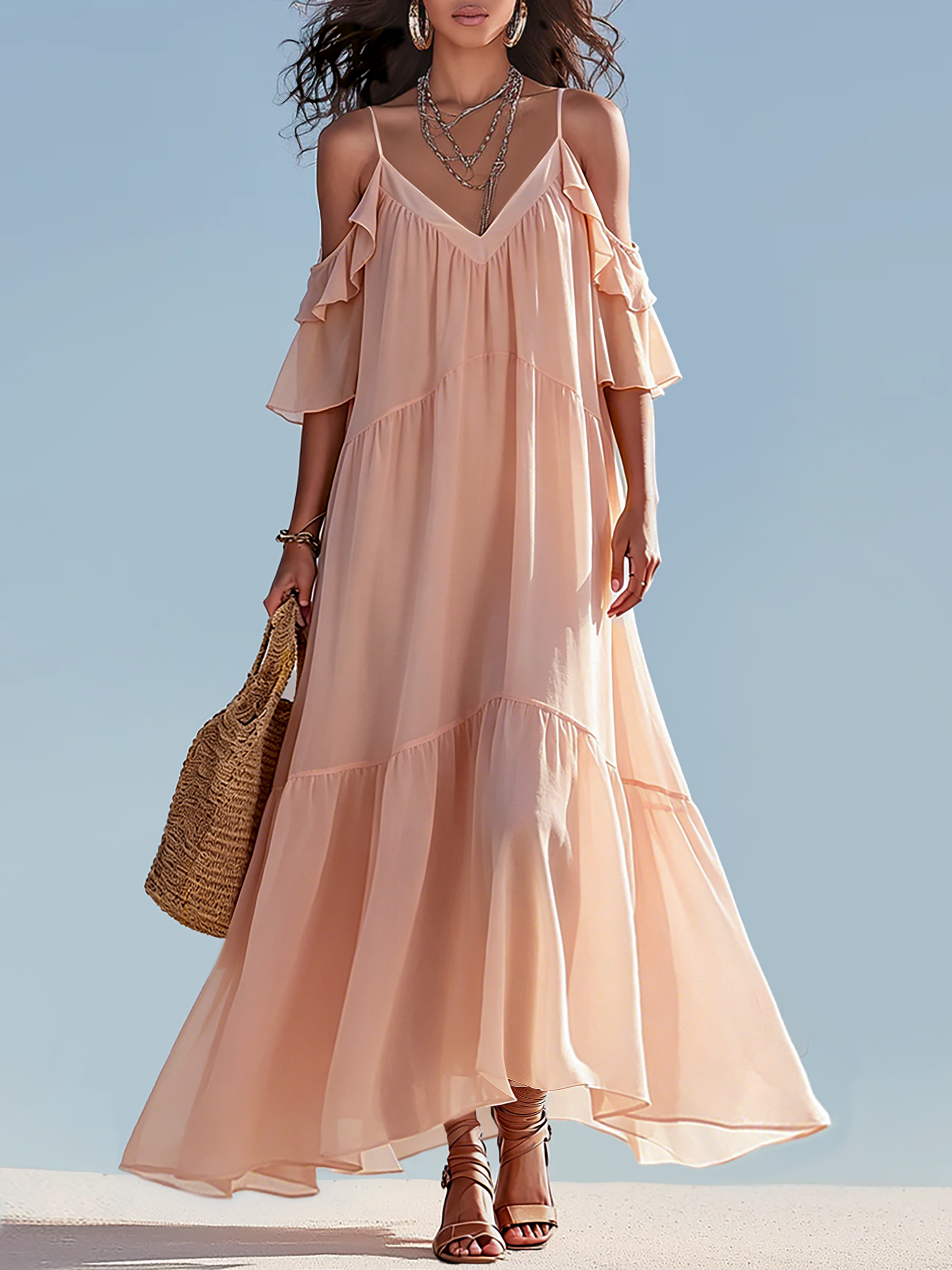 Dreamy Blush Pink Cold-Shoulder Chiffon Maxi Dress