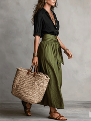 Effortless Boho Black Blouse & Olive Satin Midi Skirt Set