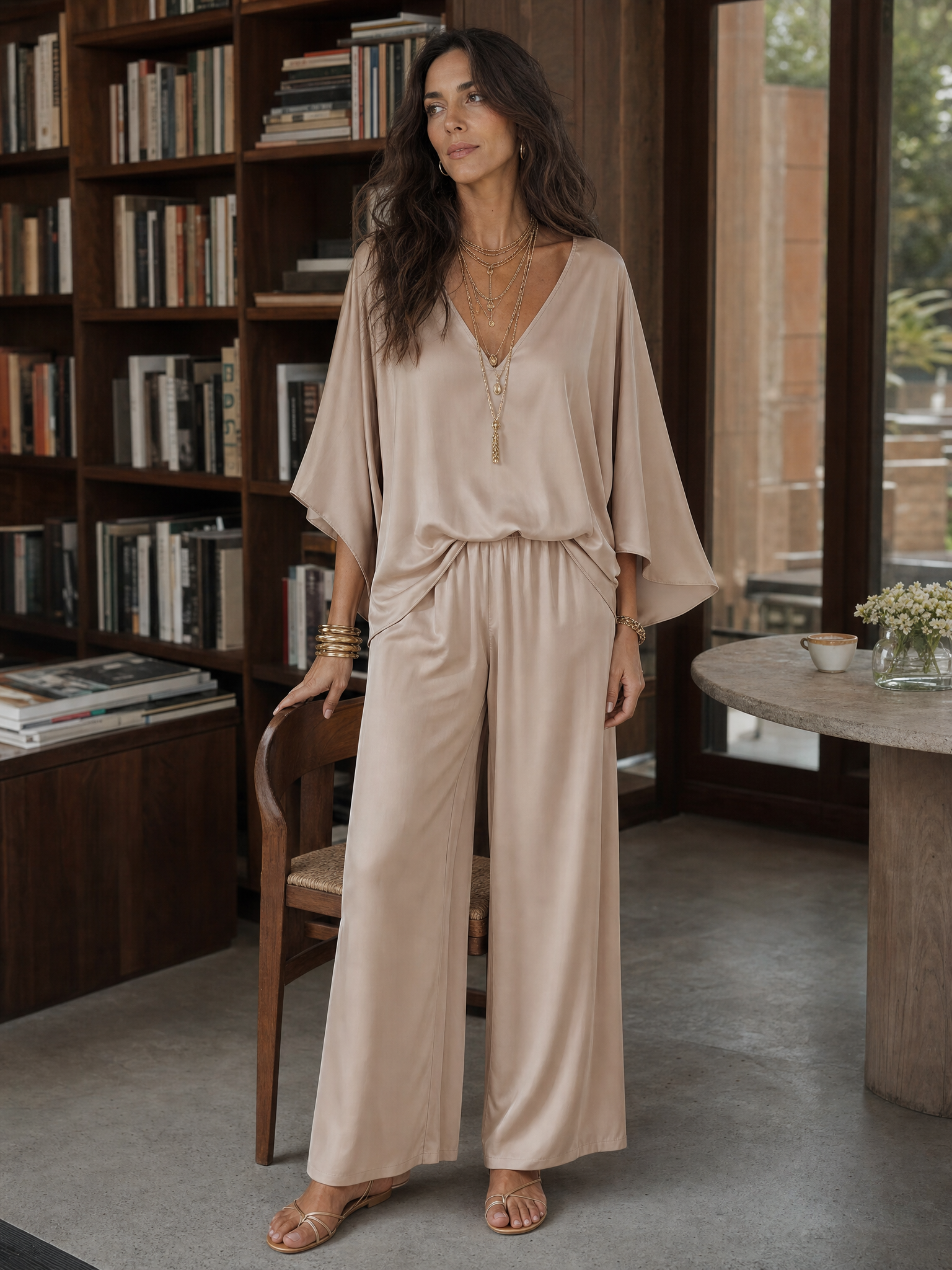 Elegant Champagne-colored Batwing Sleeve Suit