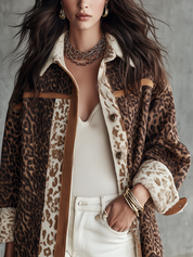 Vintage Brown Leopard Plush Contrast-Trim Longline Jacket