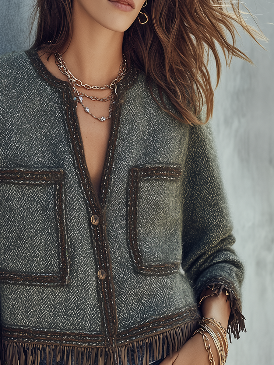Bohemian Charcoal Fringe Trim Jacket