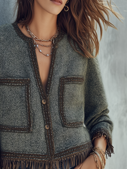 Bohemian Charcoal Fringe Trim Jacket