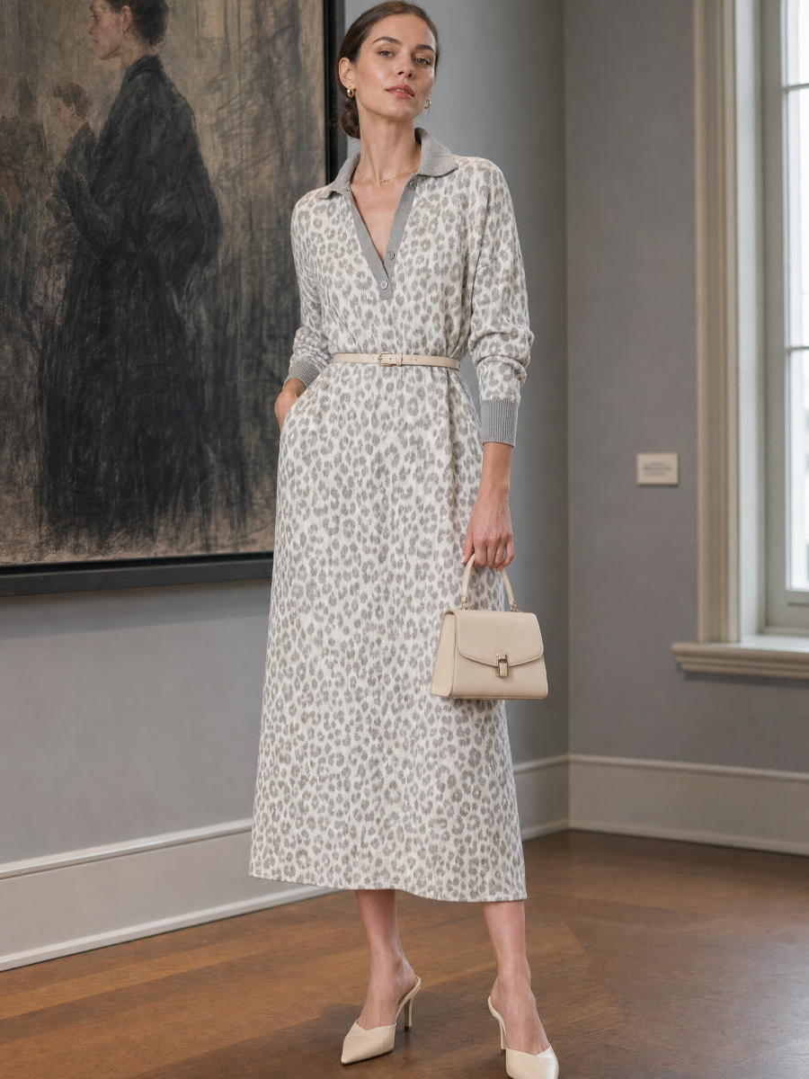 Light Gray Knitted Leopard Print Polo Collar Maxi Dress
