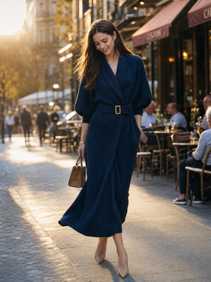 Navy Blue Textured Knit Batwing Sleeve Tie Dress