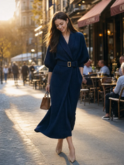 Navy Blue Textured Knit Batwing Sleeve Tie Dress