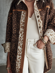 Vintage Brown Leopard Plush Contrast-Trim Longline Jacket