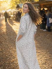 Light Gray Knitted Leopard Print Polo Collar Maxi Dress