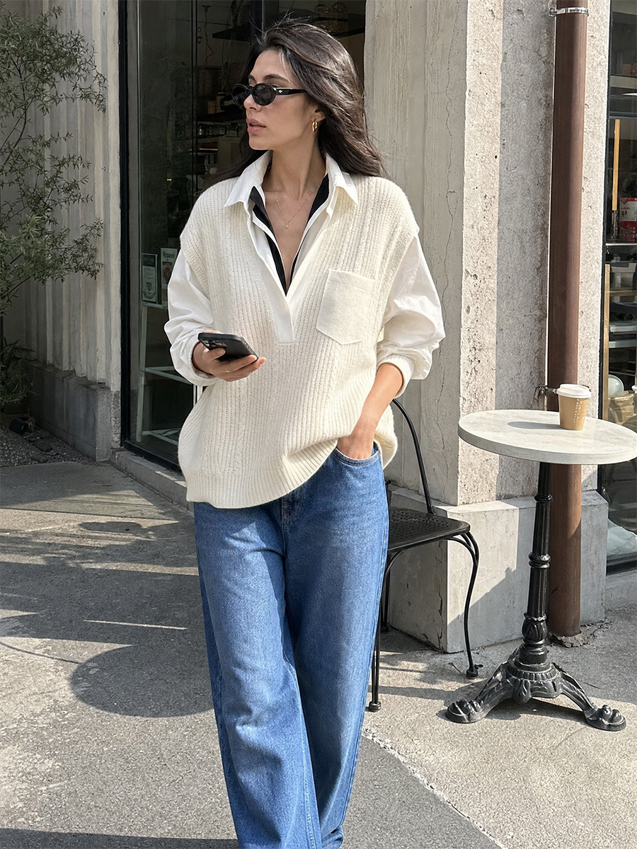 Quiet Luxe Layered-Look Knit Shirt Top