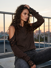 Distinctive Espresso Brown Lace-Panel Cutout Hoodie