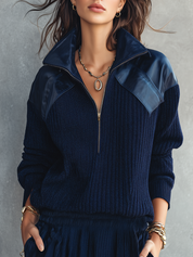 Navy Blue Knitted PU Half-zip Pullover Sweater