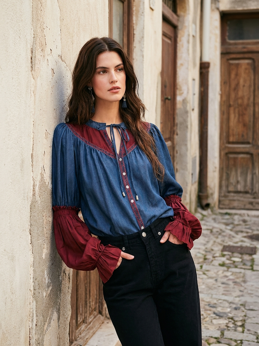 Artisan Indigo Blue Contrast-Panel Tie-Neck Blouse