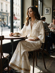 Bohemian Luxe Butterfly Jacquard Blouse & Wide-Leg Pants Set