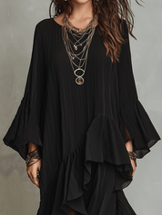 Elegant Asymmetric Ruffle Black Boho Midi Dress