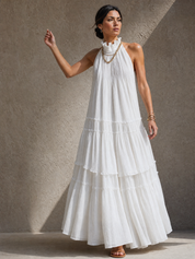 Airy High-Neck Tiered Bohemian Maxi Dress