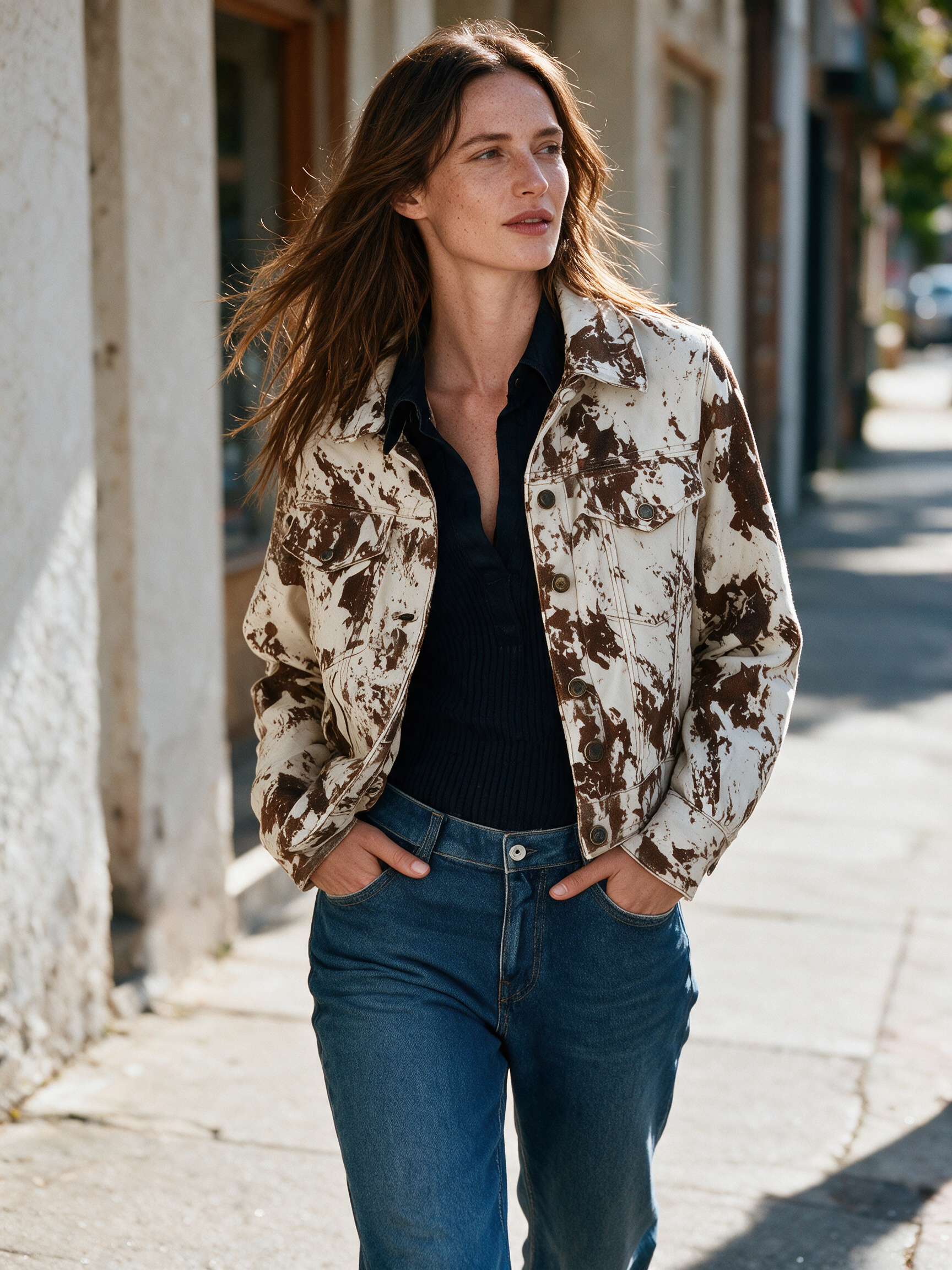 Vintage Ivory Brown Printed Denim Jacket