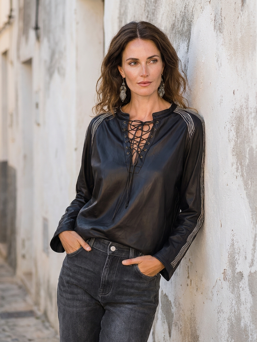 Contemporary Black Lace-Up Faux Leather Top
