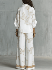 Bohemian Luxe Butterfly Jacquard Blouse & Wide-Leg Pants Set