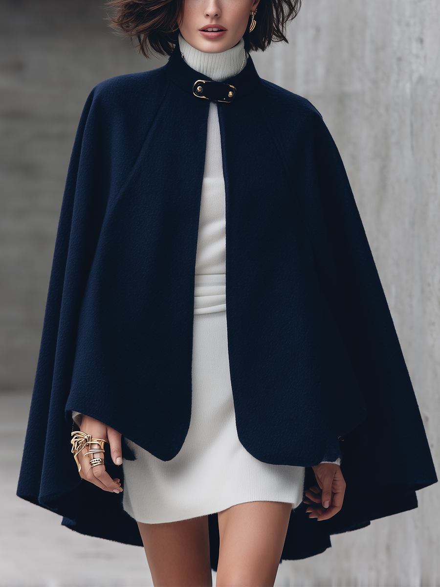 Elegant Navy Wool-Blend High-Neck Buckle Cape Coat