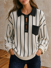 Quiet Luxe Striped Polo Knit Sweater Top