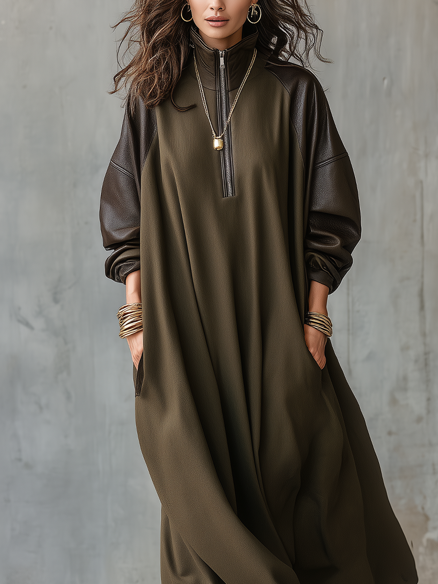 Olive Green Patchwork PU Sleeve Half-zip Dress