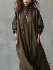 Olive Green Patchwork PU Sleeve Half-zip Dress