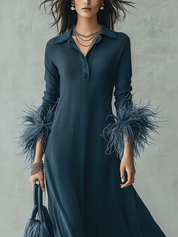 Navy Ribbed Knit Feather Cuff Polo Collar Maxi Dress