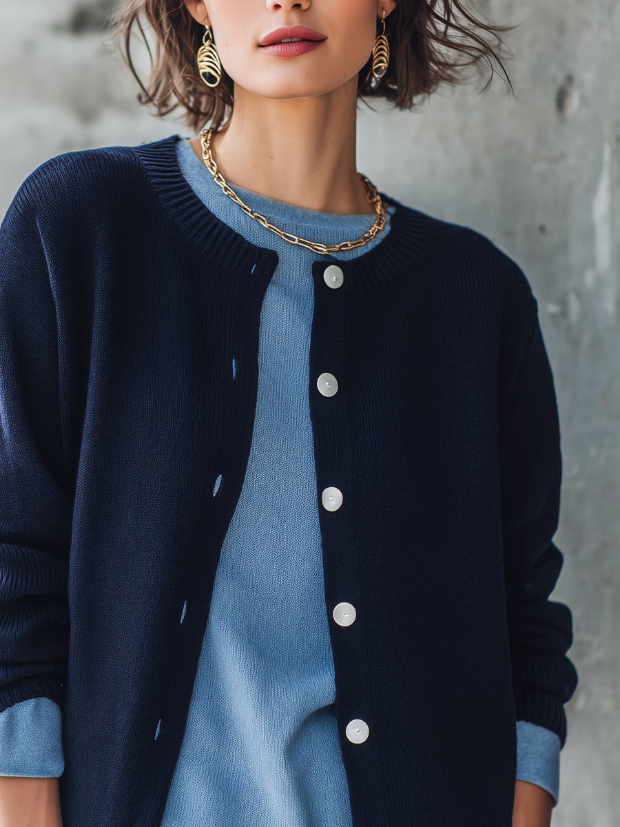 Casual Navy Crew Neck Button‑Front Knit Cardigan