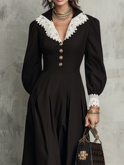 Romantic Black Woven Lace-Collar Puff-Sleeve Midi Dress