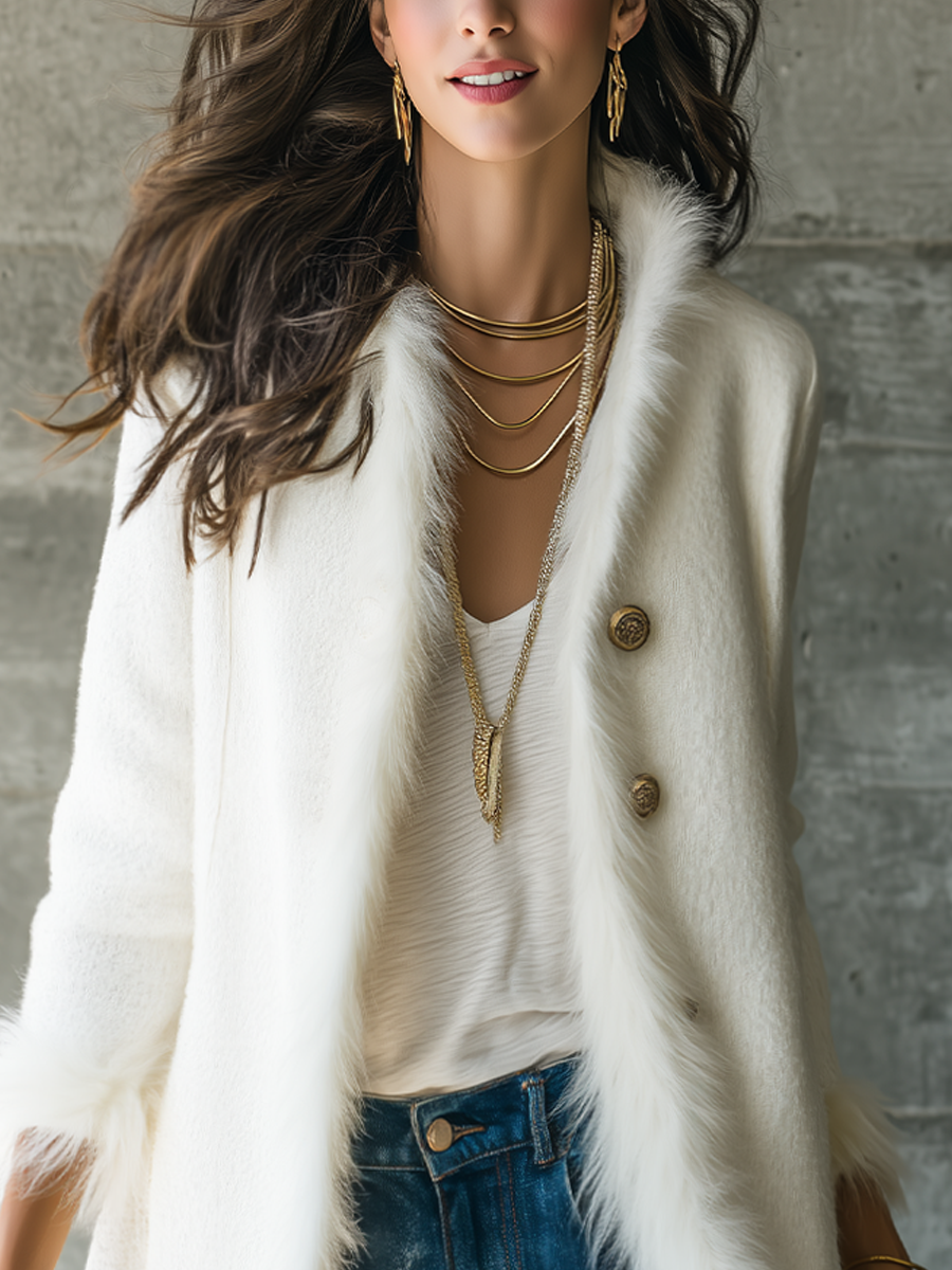 Elegant Ivory Faux Fur Trim Open-Front Longline Coat