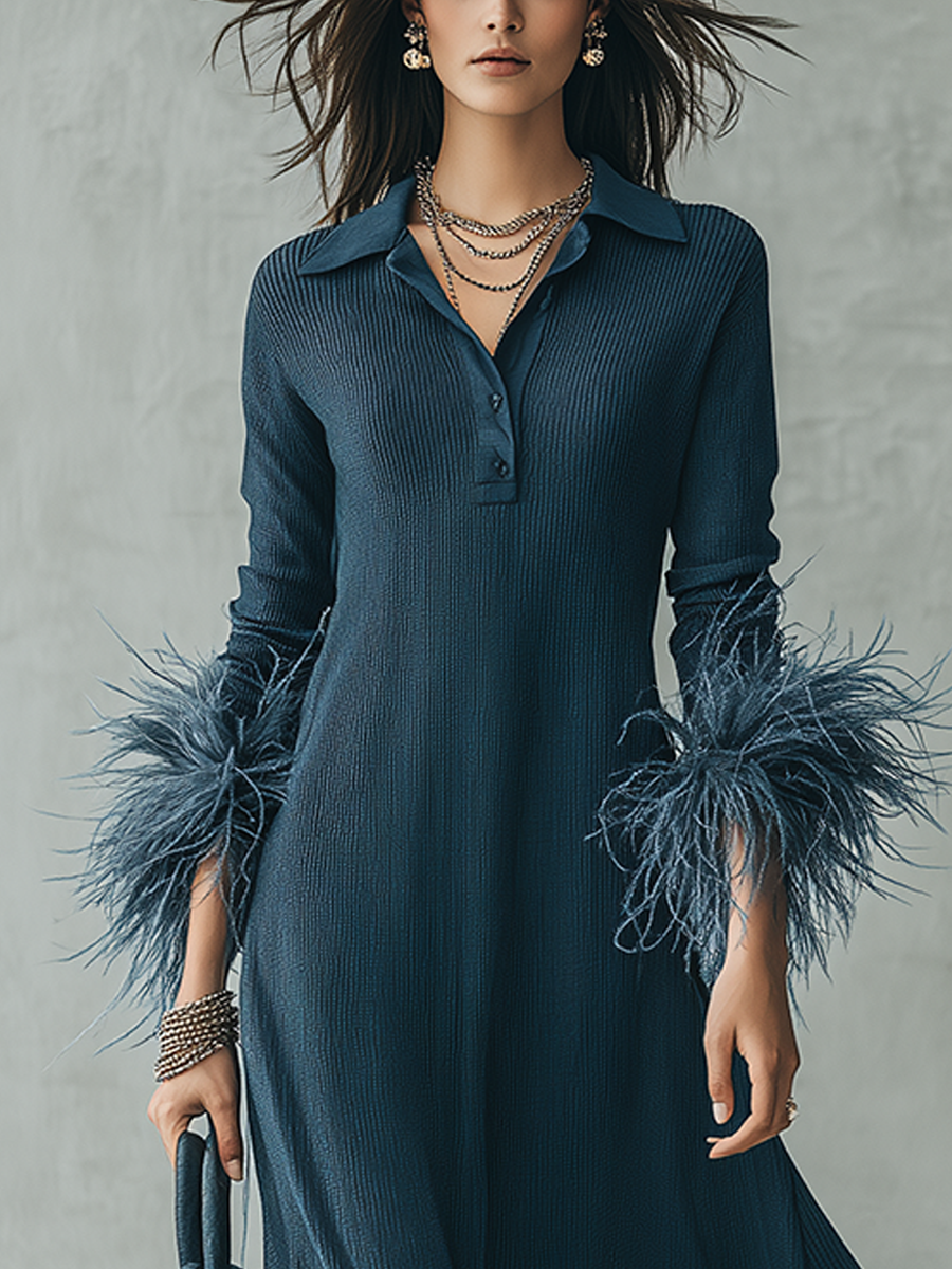 Navy Ribbed Knit Feather Cuff Polo Collar Maxi Dress