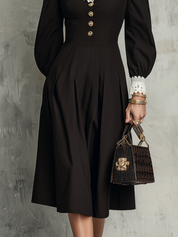 Romantic Black Woven Lace-Collar Puff-Sleeve Midi Dress