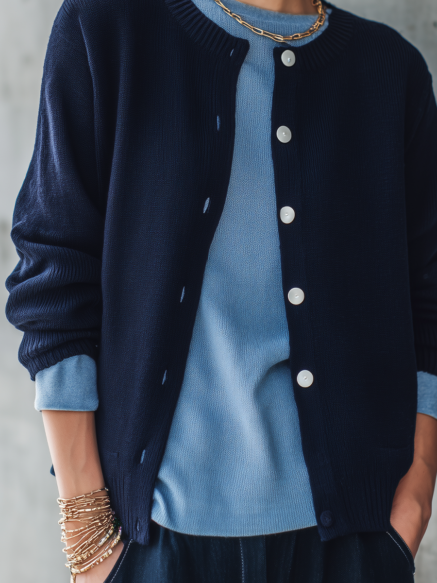 Casual Navy Crew Neck Button‑Front Knit Cardigan