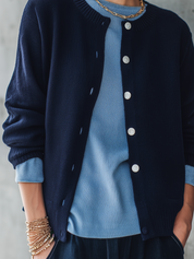 Casual Navy Crew Neck Button‑Front Knit Cardigan