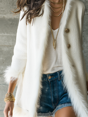 Elegant Ivory Faux Fur Trim Open-Front Longline Coat