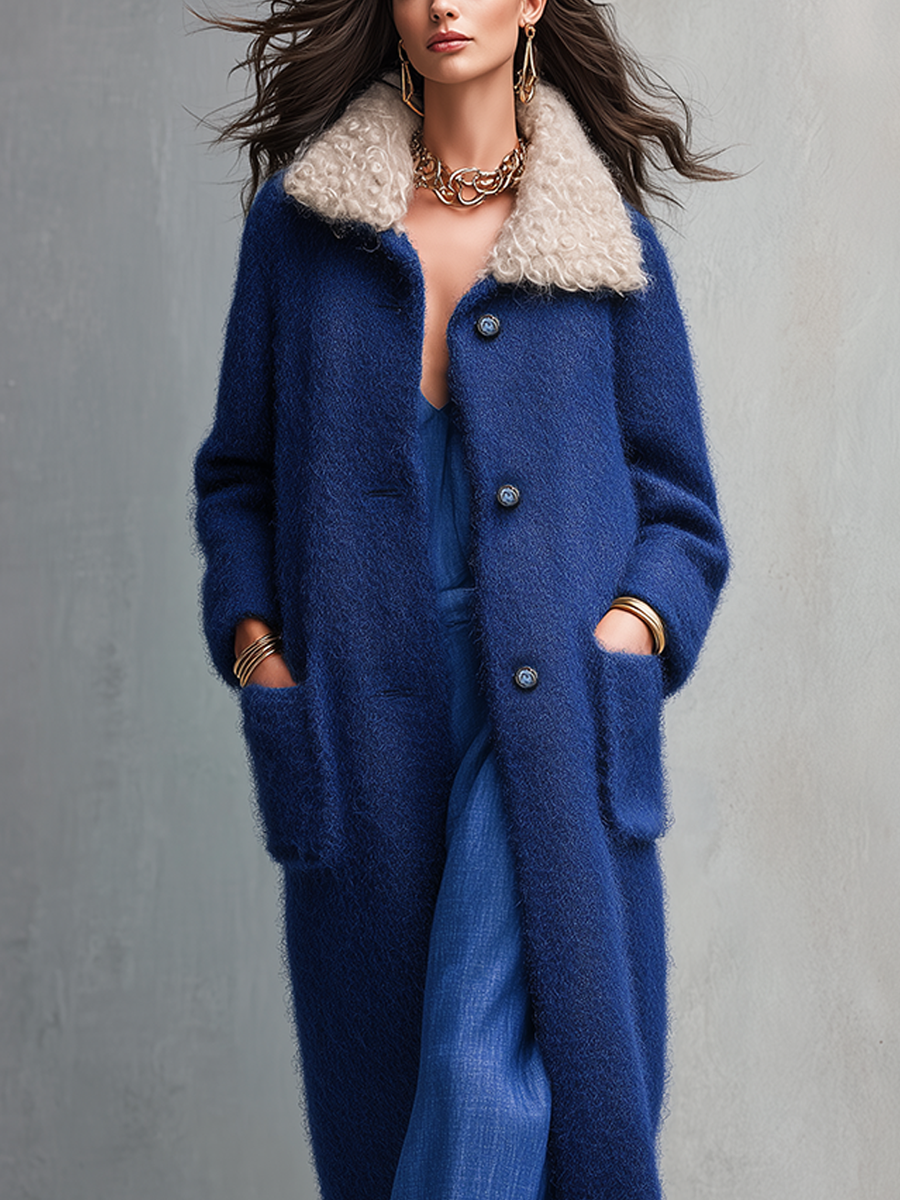 Luxury Cobalt Blue Color-blocked Fur Collar Long Coat