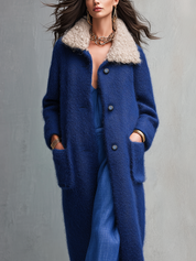 Luxury Cobalt Blue Color-blocked Fur Collar Long Coat
