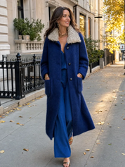 Luxury Cobalt Blue Color-blocked Fur Collar Long Coat