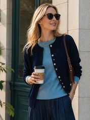 Casual Navy Crew Neck Button‑Front Knit Cardigan