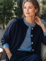 Casual Navy Crew Neck Button‑Front Knit Cardigan