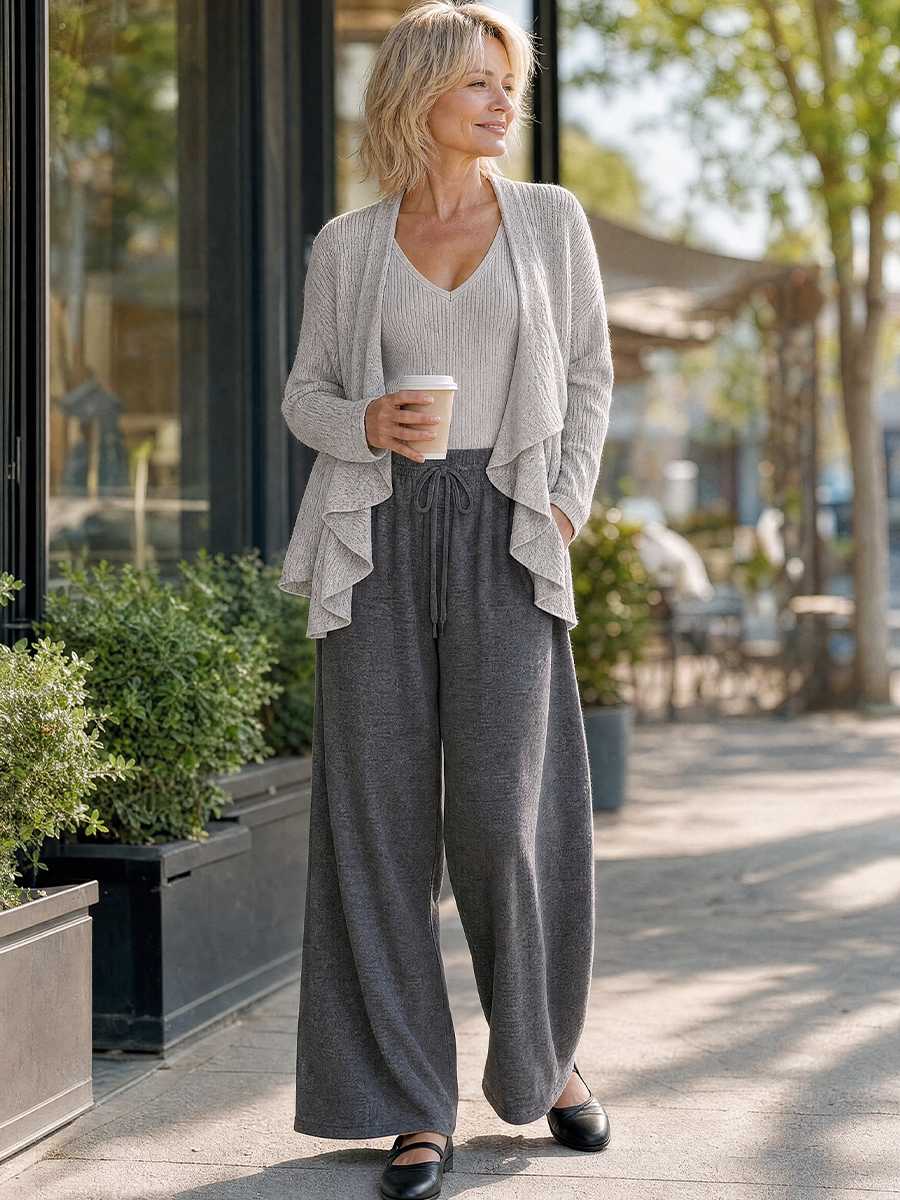 Relaxed Minimal Draped Cardigan & Drawstring Pants Outfit