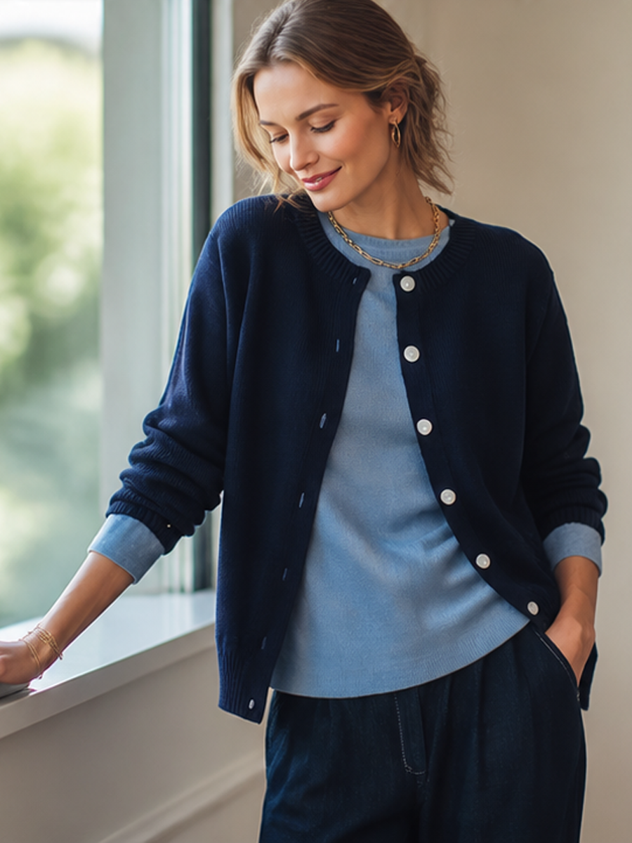 Casual Navy Crew Neck Button‑Front Knit Cardigan