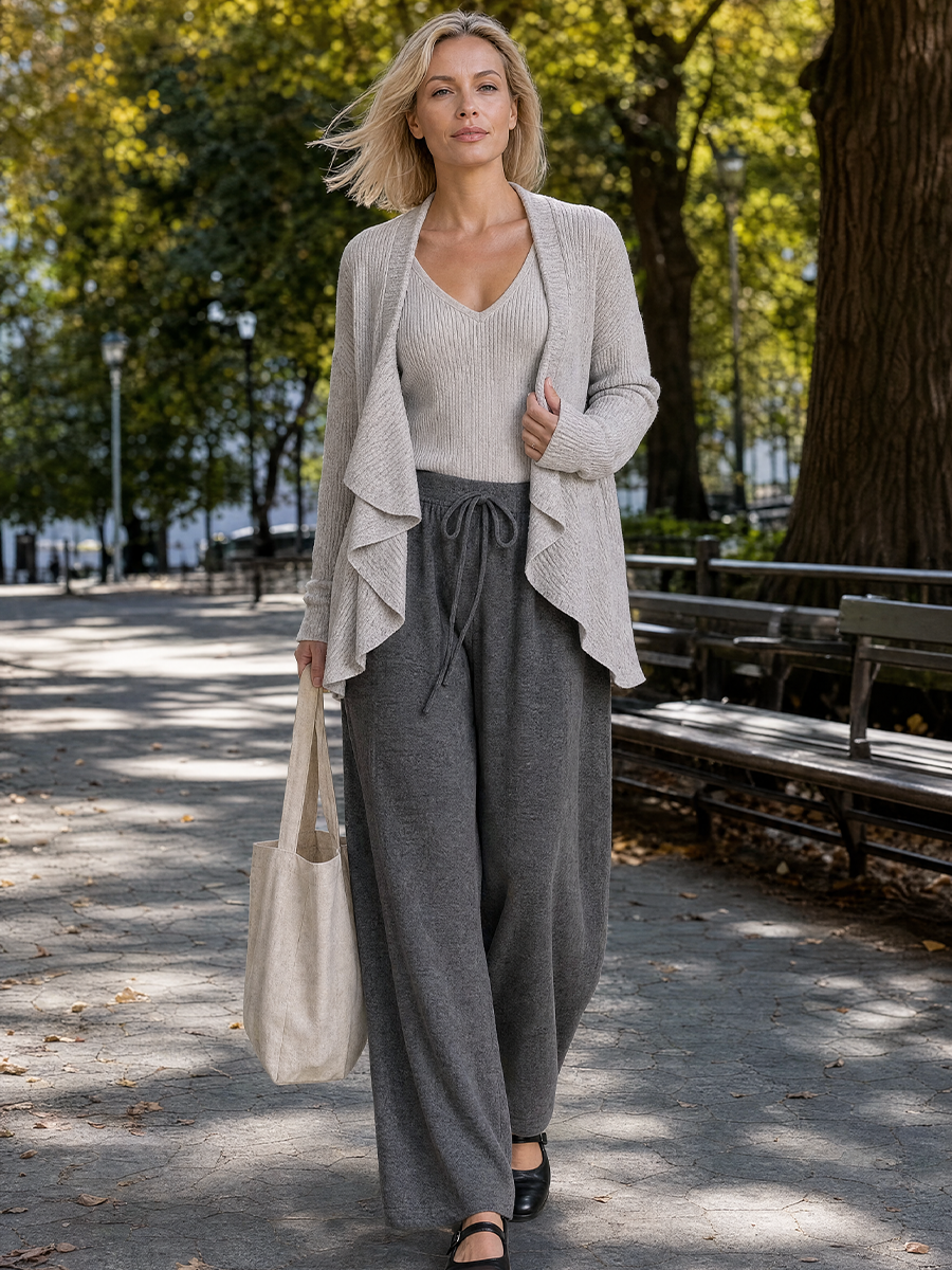 Relaxed Minimal Draped Cardigan & Drawstring Pants Outfit