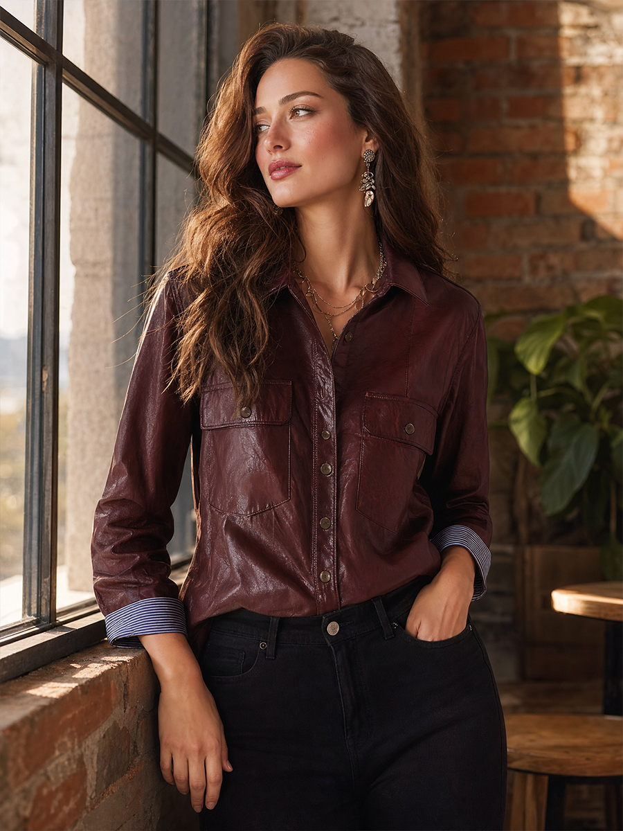 Polished Burgundy Utility Pocket Faux Leather Shirt