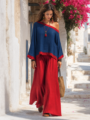 Refined Navy Contrast Trim Top & Wide Leg Pants Set