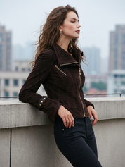 Refined Espresso Contrast-Stitch Moto Jacket