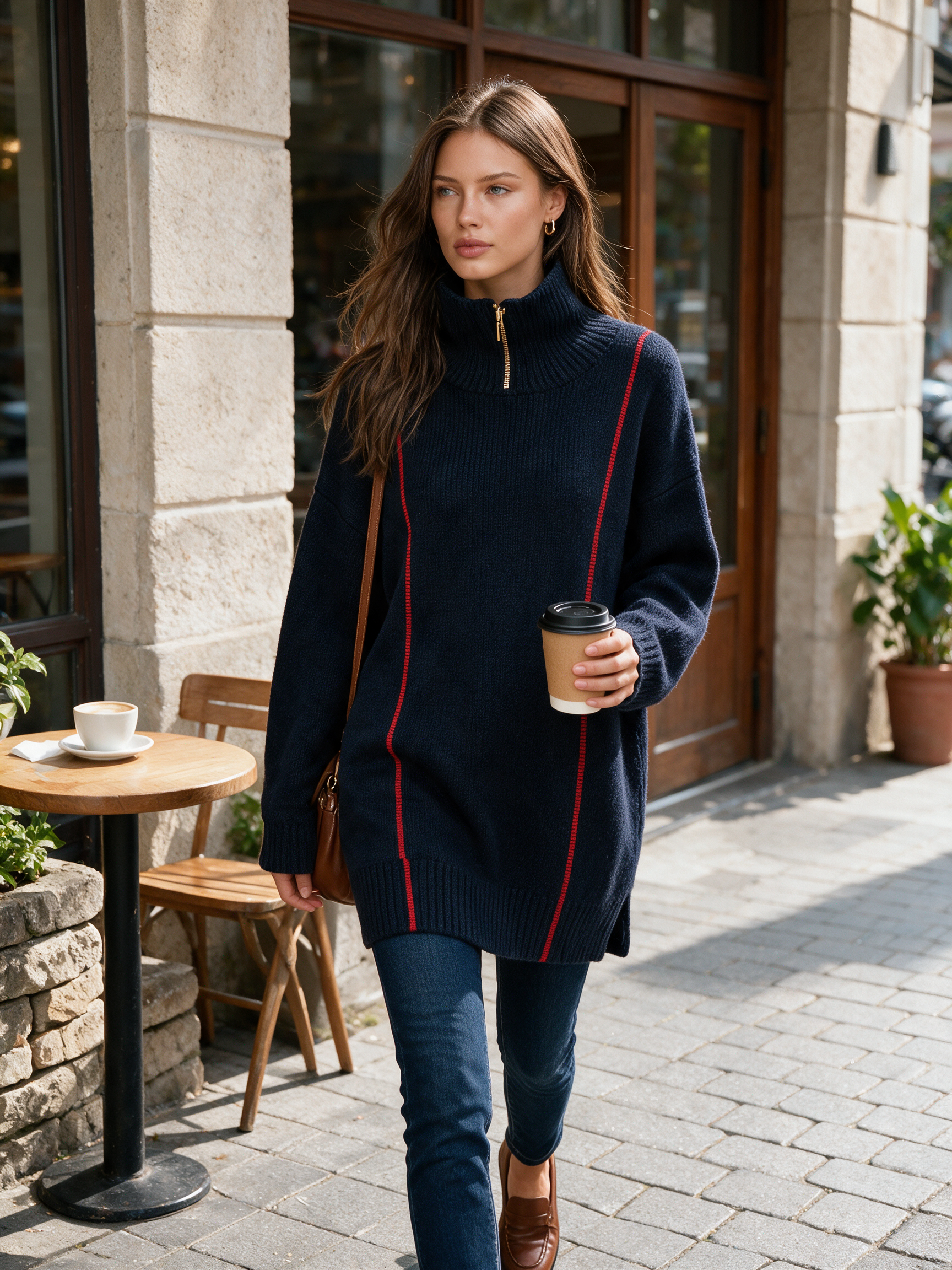 Half-Zip Turtleneck Contrast Stripe Oversized Sweater Dress