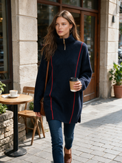 Half-Zip Turtleneck Contrast Stripe Oversized Sweater Dress