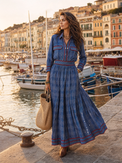 Heritage Blue Plaid Contrast-Trim Maxi Dress