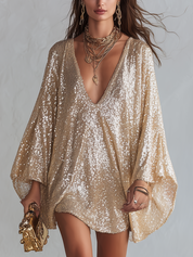 Champagne-colored Sequined Bohemian-style Mini Dress