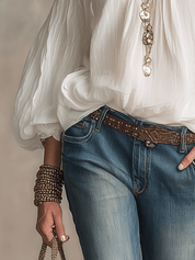 Relaxed V-Neck Cold-Shoulder Boho Blouse